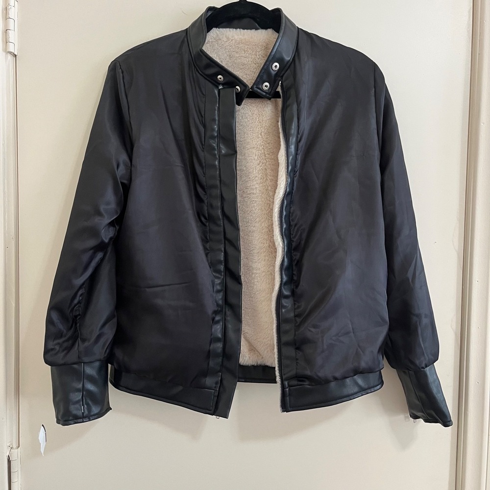 Reversible Sherpa Faux Leather Bomber Jacket Medium Moto Biker Teddy Y2K Edgy